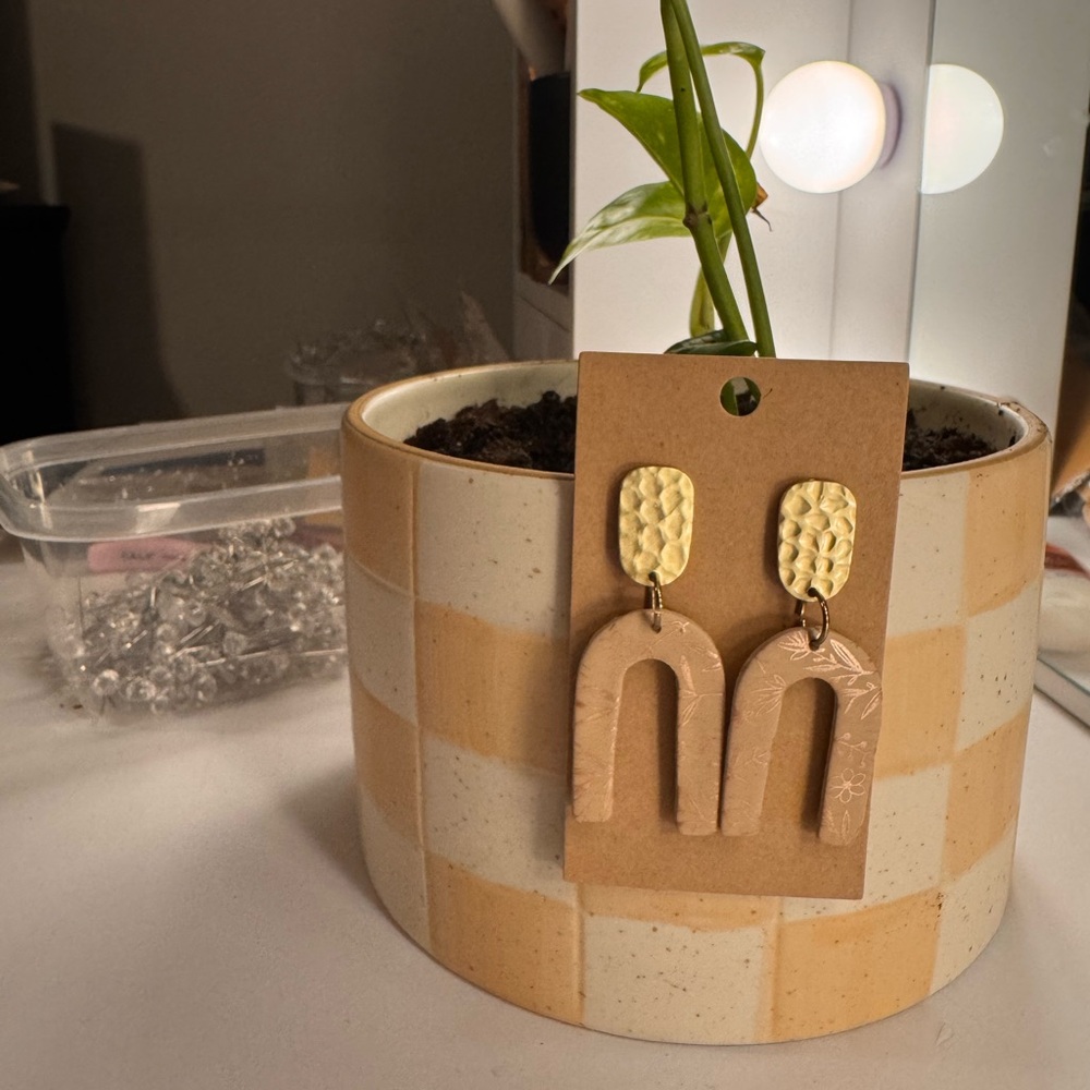 Handmade Arch Drop Earrings in Beige & Gold